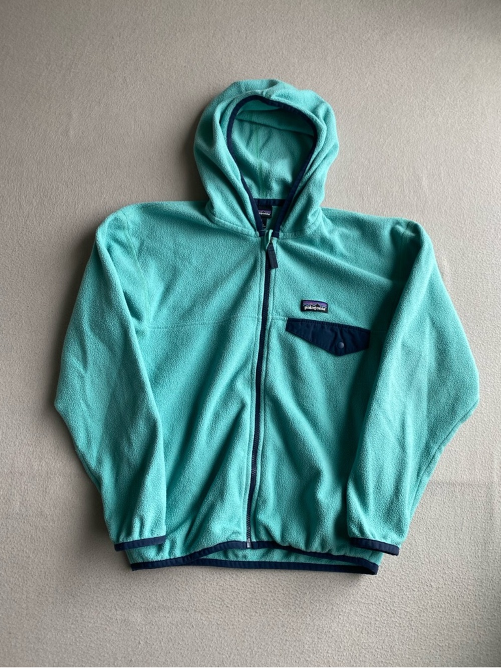 Patagonia Kids Teal Fleece Hoodie with Navy Trim